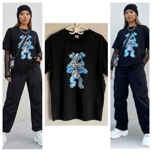 Streetwear Graphic Tee Zombie Blue Bear Print Edgy Cyber Y2K Large